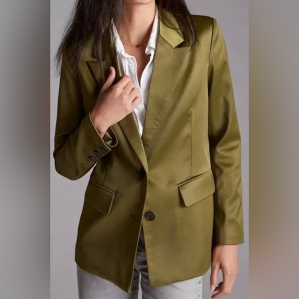 Anthropologie Aves les filles satin effect olive green blazer jacket size medium - Picture 13 of 14